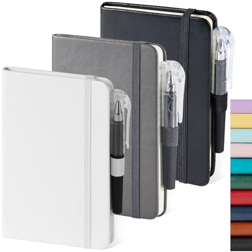 NIRMIRO Kleines Notizbuch, Taschenformat, 9,4 x 14,5 cm, 3 Stück, (weiß, grau, schwarz), 408 Seiten, A6 Mini-Notizblock mit Stift, kleines Leder-Notizbuch, 100 g/m², liniertes Papier, Hardcover von NIRMIRO