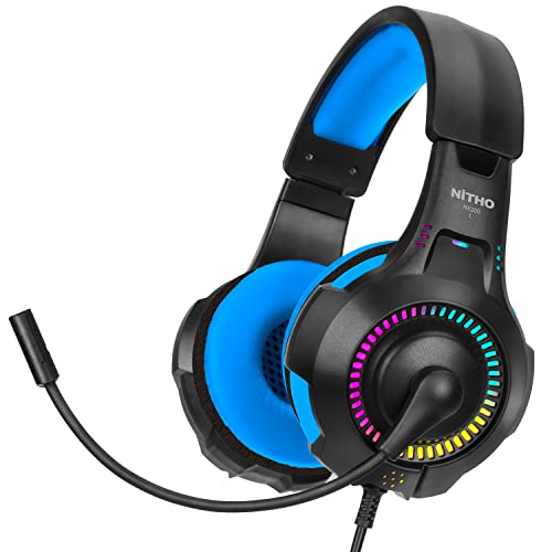 NITHO NX200 Gaming Headset für PC/PS4/PS5/Xbox/Nintendo Switch/Mobile/Tablet, Stereo Surround Kopfhörer mit Hochklappbares Mikrofon, RGB Lichteffekt - Blau von NITHO