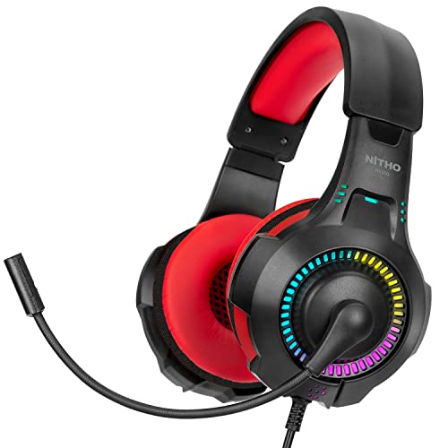 NITHO NX200 Gaming Headset für PC/PS4/PS5/Xbox/Nintendo Switch/Mobile/Tablet, Stereo Surround Kopfhörer mit Hochklappbares Mikrofon, RGB Lichteffekt - Rot von NITHO