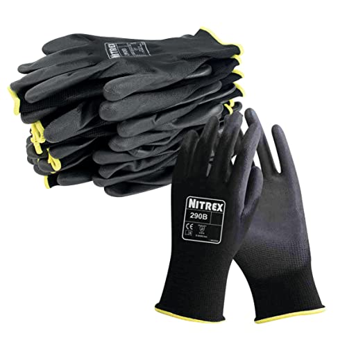 NITREX 290B Arbeits- und Sicherheitshandschuhe, 10 Paar schwarze Handschuhe für allgemeine Handhabung mit PU-Handflächenbeschichtung, Größe 10, Größe XL von NITREX