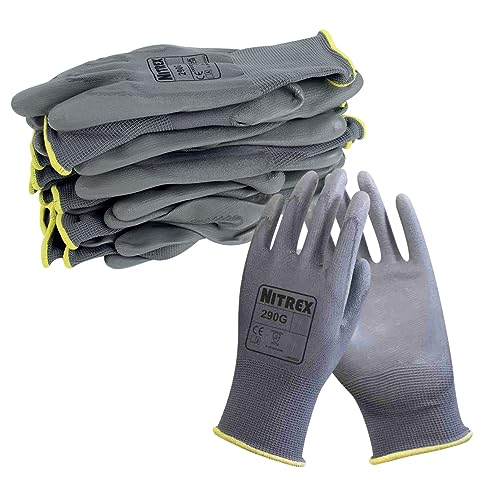 NITREX 290G Arbeits- und Sicherheitshandschuhe, 10 Paar schwarze Handschuhe für allgemeine Handhabung mit PU-Handflächenbeschichtung, Größe 11, Größe XL von NITREX