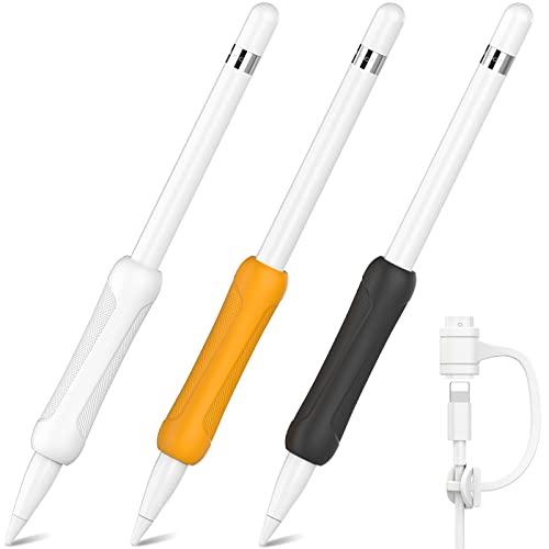 NIUTRENDZ Silikon Griff für Apple Pencil 1. Generation 3 Stück Apple Pencil Hülle Zubehör Ergonomisches Design Ärmel Halter【Kabeladapter-Tether Hinzugefügt】(Apple Pencil 1st, Weiß+Orange+Schwarz) von NIUTRENDZ