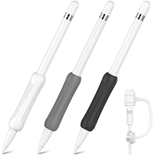 NIUTRENDZ Silikon Griff für Apple Pencil 1. Generation 3 Stück Apple Pencil Hülle Zubehör Ergonomisches Design Ärmel Halter【Kabeladapter-Tether Hinzugefügt】(Apple Pencil 1st, Weiß+Grau+Schwarz) von NIUTRENDZ