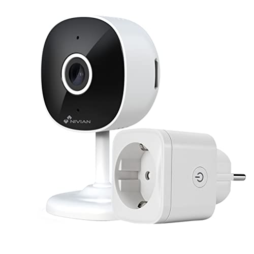 NIVIAN Kamera + WLAN-Steckdose 2,4 GHz - Aufnahme auf MicroSD (Nicht im Lieferumfang enthalten) - 2 K Menschenerkennung, bidirektionales Audio, geeignet für den Innenbereich, kompatibel mit Amazon von NIVIAN