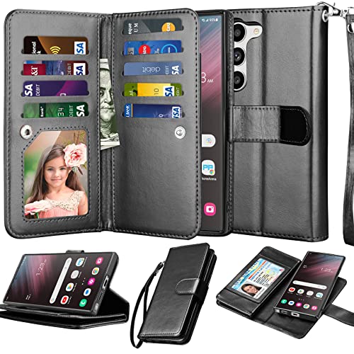 NJJEX Galaxy S23 Hülle, für Samsung Galaxy S23 Wallet Case, [9 Kartenfächer] PU Leder ID Kredithalter Folio Flip [abnehmbar] Kickstand Magnetische Handyhülle & Umhängeband für Samsung S23 [schwarz] von NJJEX