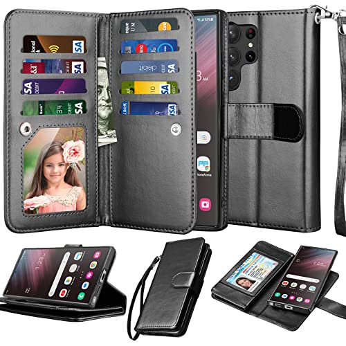 NJJEX Galaxy S23 Ultra Hülle, für Samsung Galaxy S23 Ultra Wallet Case, [9 Kartenfächer] PU Leder ID Kreditkartenhalter Folio Flip [Abnehmbar] Kickstand Magnetische Handyhülle & Umhängeband [Schwarz] von NJJEX