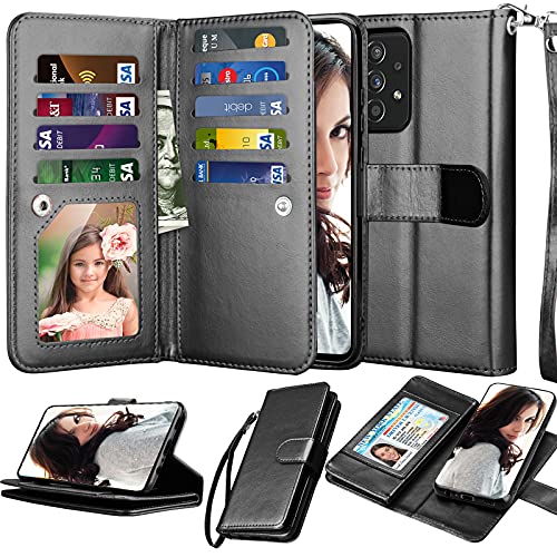 Njjex Schutzhülle für Samsung Galaxy A52 5G, Brieftaschen-Hülle, [9 Kartenfächer] PU-Leder Kreditkartenfächer, Folio Flip [abnehmbar] Kickstand Magnetische Telefonabdeckung & Lanyard [Schwarz] von NJJEX