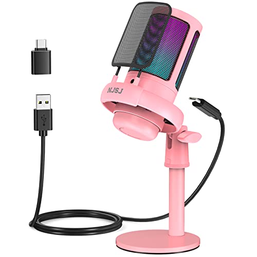 NJSJ Gaming Mikrofon PC, USB Microphone für PC/PS4/PS5/Mac/Telefon, Kondensatormikrofon USBC mit Touch-Stummschaltung, Brillante RGB-Beleuchtung, Kopfhöreranschluss für Streaming(Rosa) von NJSJ