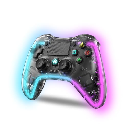 NK Controller für PS4 / PC/Android - Wireless Controller mit Dualshock, 6 Achsen, 2 MACRO-Tasten, 7 LED-Lichtmodi, Touchpad, Kopfhöreranschluss, Ladekabel inklusive - Transparent Schwarz von NK