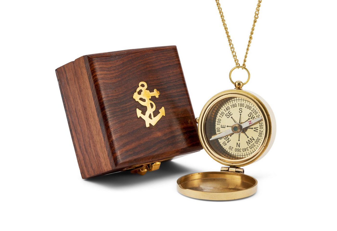 NKlaus 5cm Kompass mit Kette aus Messing Holzbox Taschenkompass Orientierungs maritimes Navigationsgerät (Messing) von NKlaus