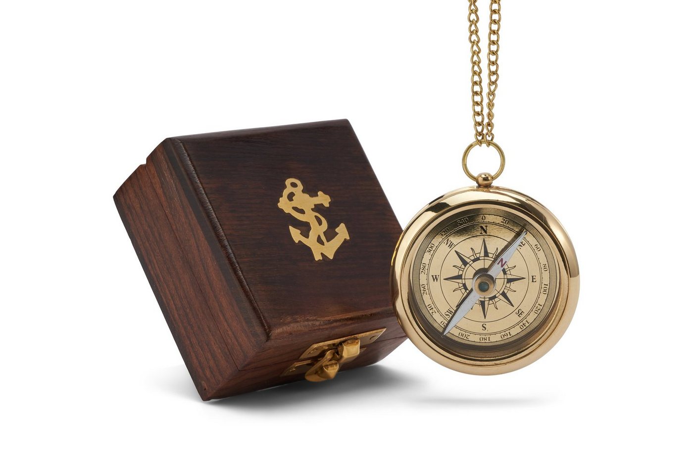 NKlaus Kompass Maritim 6cm Kompass Ankergravur mit Kette in der Holzbox aus Messing g von NKlaus