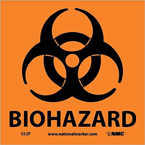 NMC S52P Warnschild mit Grafik "BIOHAZARD", 17,8 cm Breite x 17,8 cm Höhe, druckempfindliches Vinyl, schwarz auf orange von NMC