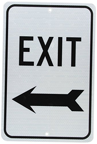 NMC TM79J Verkehrsschild, Legende "EXIT" mit Pfeil nach links, 30,5 cm Länge x 45,7 cm Höhe, prismatisches reflektierendes Aluminium in Ingenieurqualität, 0,080, Schwarz auf Weiß von NMC