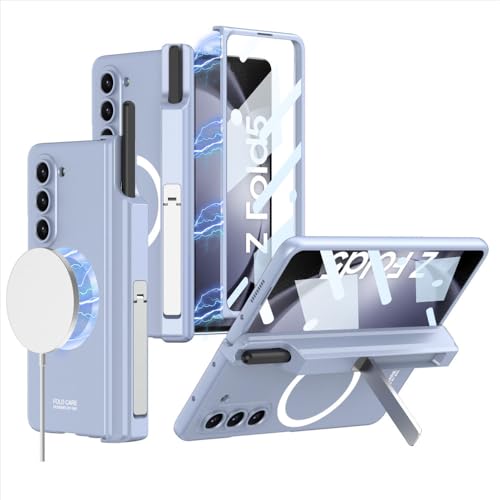 NOBAA Für Samsung Galaxy Z Fold 5 4 3 Hülle Drahtloses Laden Magnetisches Scharnier Stifthalter Ständer mit Filmabdeckung Für Z Fold5 Fold4, Hellblau, Für Z Fold 5 von NOBAA