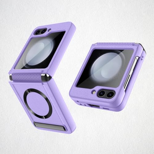 Schutzhülle mit Ständer für Samsung Galaxy Z Flip 5 Flip5 5G, Scharnier und Rückseite, Schutzglasfolie, Lederhülle, Lila, für Z Flip 5 von NOBAA