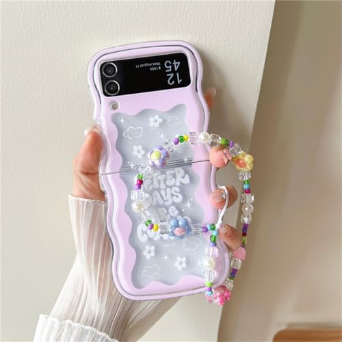Süße frische Blume Blumen rosa Welle transparente Hülle mit Armband für Samsung Galaxy Z Flip3 Z Flip 4 Zflip 3 Flip4 Cover,C,Für Z Flip 3 von NOBAA