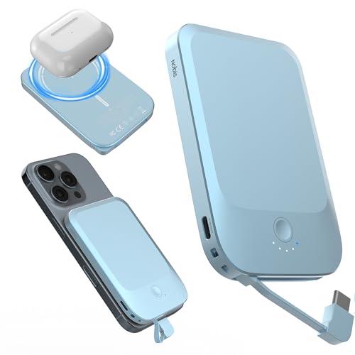 Nobis Slim for Mag-Safe Power Bank 5000mAh mit Eingebautem Kabel Magnetische Externe Handyakkus QC3.022,5W PD Schnellladung USBC EIN/Aus,Power Bank Induktiv Charge Rapide für Phone 16(Blau) von NOBIS
