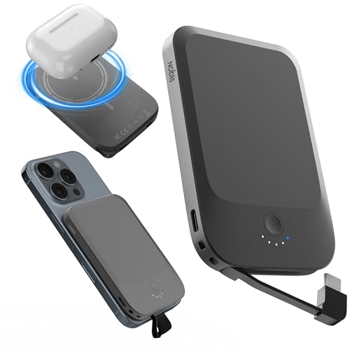 Nobis Slim for Mag-Safe Power Bank 5000mAh mit Eingebautem Kabel Magnetische Externe Handyakkus QC3.022,5W PD Schnellladung USBC EIN/Aus,Power Bank Induktiv Charge Rapide für Phone 16 (Schwarz) von NOBIS