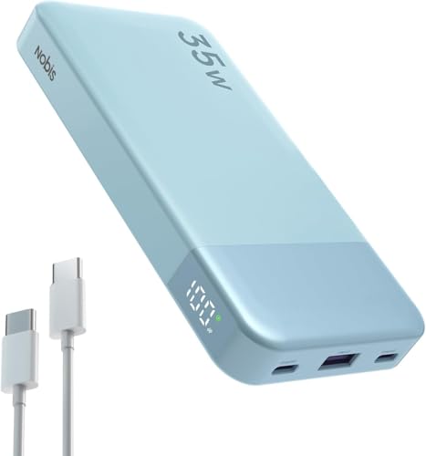 NOBIS Power Bank, Powerbank 10000mAh, 35W Externe Handyakkus Schnellladen, Externer Akku mit C zu C Kabel, Tragbares Ladegerät mit Digitalanzeige für Phone Pad Android etc (Blau) von NOBIS
