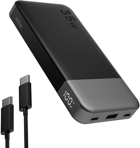 NOBIS Power Bank, Powerbank 10000mAh, 35W Externe Handyakkus Schnellladen, Externer Akku mit C zu C Kabel, Tragbares Ladegerät mit Digitalanzeige für Phone Pad Android etc (Schwarz) von NOBIS