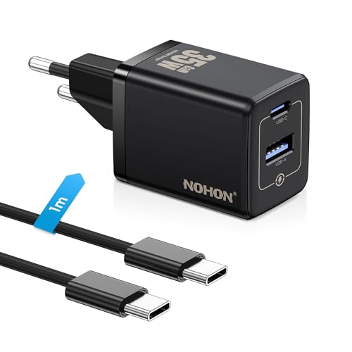 NOHON 35W USB C Ladegerät：GaN Netzteil USB C Lieferung mit 1m Typ-C Ladekabel, 2 Ports Schnellladegerät Mit USB-C und USB-A, Ladegerät für iPhone 15/15 Plus/15 Pro/15 Pro Max, Pixel, Samsung, iPad von NOHON