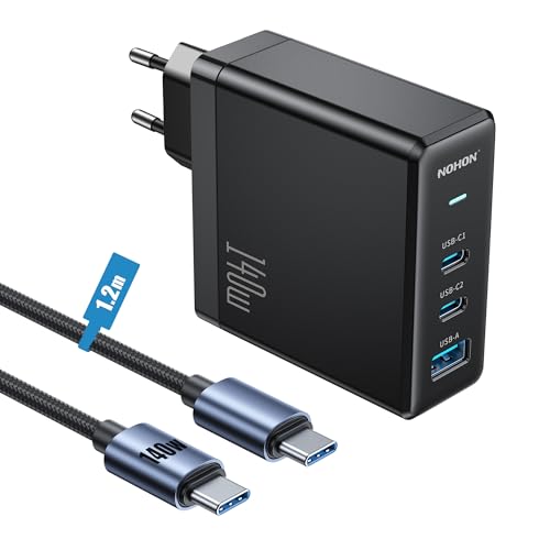 NOHON Ladegerät 140W USB C Netzteil: 3-Port PD 3.0 GaN Schnellladegerät mit Kabel Typ C Schnellladung 140W 1,2M, kompatibel mit iPhone 12 13 14 15 16 MacBook iPad Laptop Samsung Galaxy S24 S23 Ultra von NOHON