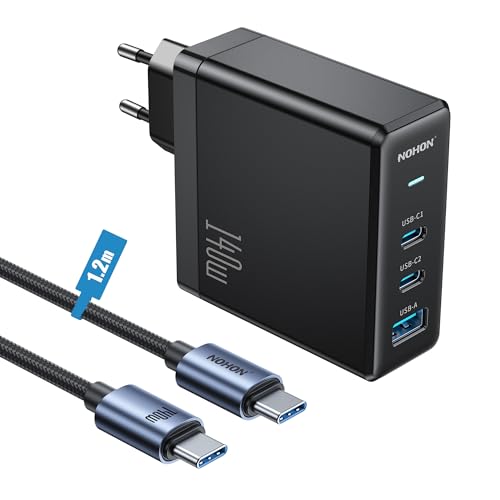 NOHON Ladegerät USB C Schnellladegerät: 140 W PD 3.0 GaN Netzteil mit Kabel Typ C Schnellladung 140 W 1,2 M | 3 Ports kompatibel mit iPhone 12 13 14 15 MacBook iPad Laptop Samsung Galaxy S von NOHON