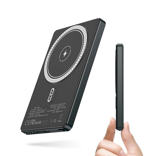 NOHON Mag-Safe Powerbank Magnetische Wireless: 5000mAh Power Bank 8MM Ultra Slim Mini mit Typ-C Ladekabel Externe Akkupack PD 20W Schnellladen für iPhone 16/15/14/13/12/Mini/Pro/Pro Max(Grauschwarz) von NOHON