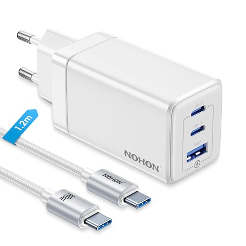 NOHON USB-C Ladegerät Fast Charger: 65W GaN 3-Port Schnellladegerät PD3.0 mit 140W Typ-C 1.2M ladekabel | PPS kompatibel mit iPad Pro Air Galaxy S23 | für iPhone 15 14 13 12 Mini Pro Max | Weiß von NOHON