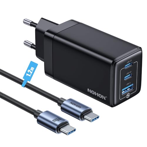 NOHON USB-C Ladegerät Fast Charger: 65W GaN Handy 3-Port Schnellladegerät PD3.0 mit 140W Typ-C 1.2M ladekabel | PPS kompatibel mit iPad Pro Air Galaxy S | für iPhone 15 14 13 12 Mini Pro Max von NOHON