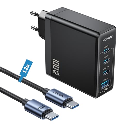 NOHON USB-C Ladegerät Fast Netzteil: 100W GaN Handy 3-Port Schnellladegerät PD3.0 mit 140W Typ-C 1.2M ladekabel | PPS kompatibel mit MacBook iPad Pro Air Galaxy S23 | für iPhone 15 14 13 12 von NOHON