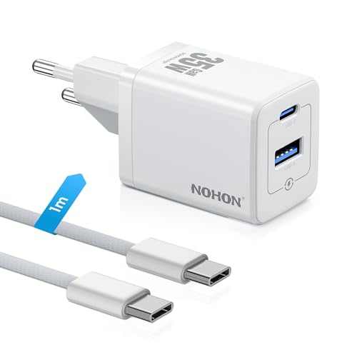 NOHON USB C Ladegerät Schnellladegerät: 35W Netzteil USB C mit 60W Typ-C 1M Ladekabel, 2-Port GaN Handy Ladestecker Kompatibel mit iPhone 15/14/13/12 Mini Pro Max, iPad Air/Pro, Samsung, Pixel (Weiß) von NOHON