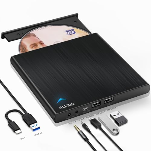 NOLYTH Bluray Laufwerk Extern, Externes Blu Ray Laufwerk Bluray Brenner Extern mit 1 Audio 2 USB Slots, USB C Externe Blu-ray Laufwerke Bluray Player für Laptop Mac PC Windows MacBook von NOLYTH