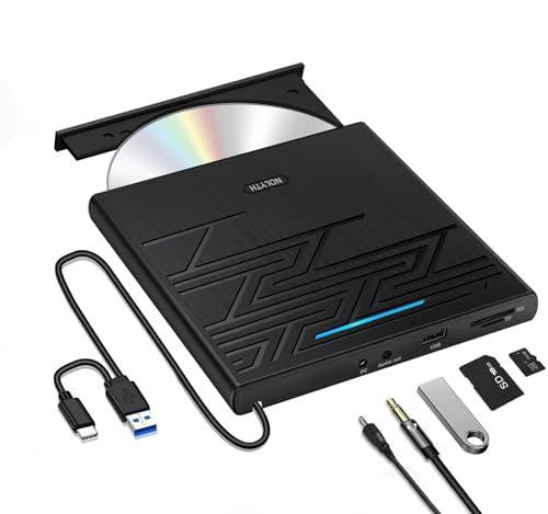 NOLYTH Externes DVD Laufwerk CD Laufwerk Extern USB 3.0 Type-C Tragbar CD/DVD Brenner mit USB/SD/TF Port & Audio Out, Externe Optisches Laufwerk Player für Laptop PC Windows 11/10 Mac MacBook iMac von NOLYTH