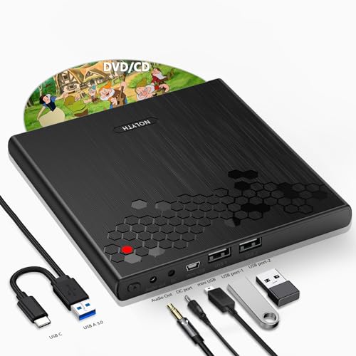 NOLYTH Externes DVD Laufwerk Extern USB 3.0/USB C DVD RW Brenner mit Audio/2 USB Ports Tragbar Slot-in CD Laufwerk für Laptop Desktop PC Windows Mac MacBook Linux OS Apple von NOLYTH