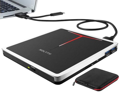 NOLYTH Externes DVD Laufwerk Extern USB 3.0/USB C DVD RW Brenner mit SD/TF/2 USB Ports/Aufbewahrungshülle, Tragbar CD Laufwerk für Laptop Desktop PC Mac Windows Linux OS Apple von NOLYTH