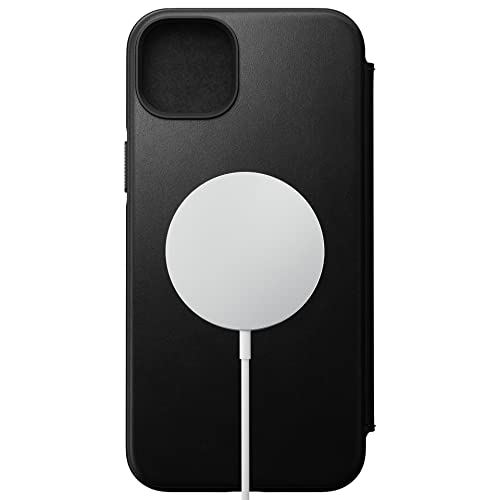 Nomad Moderne Leder-Folio-Schutzhülle für iPhone 14 Plus, Schwarz Leder Wallet Case Flip Case, 3 Kartenfächer, Schutzumper, Mag Safe & Wireless Charging von NOMAD
