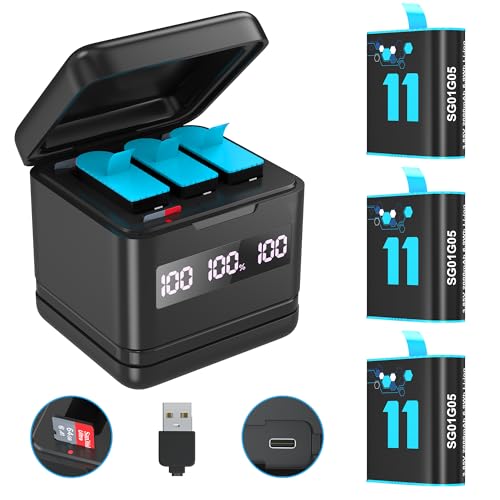 NOPWOK 3x2000mAh Akku für GoPro Hero 9, 10, 11, 12 Schwarze Kameras und Schnellladegerät mit integriertem SD-Kartenleser von NOPWOK