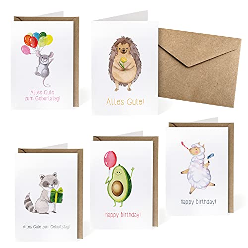 NORTH-WEST Geburtstagskarten Set mit Umschlag 5 Stück Geburtstag Glückwunschkarte Geschenk Mama Freundin Kinder lustig Happy Birthday Card Alpaka Lama Avocado Karte Glückwunsch Gutschein Karten von NORTH-WEST