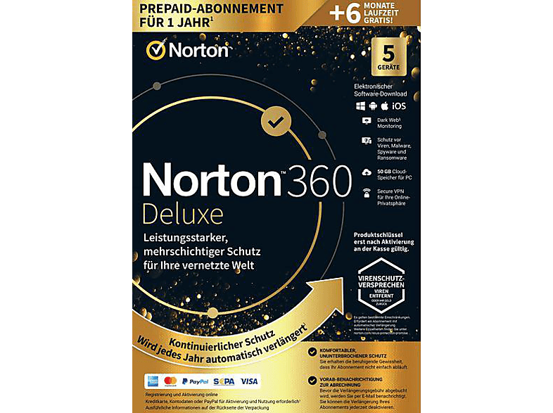Norton 360 Deluxe - 1 Benutzer 5 Geräte 12+6 Monate Abo 50GB Cloud-Speicher (PC, iOS, MAC, Android) von NORTON LIFELOCK