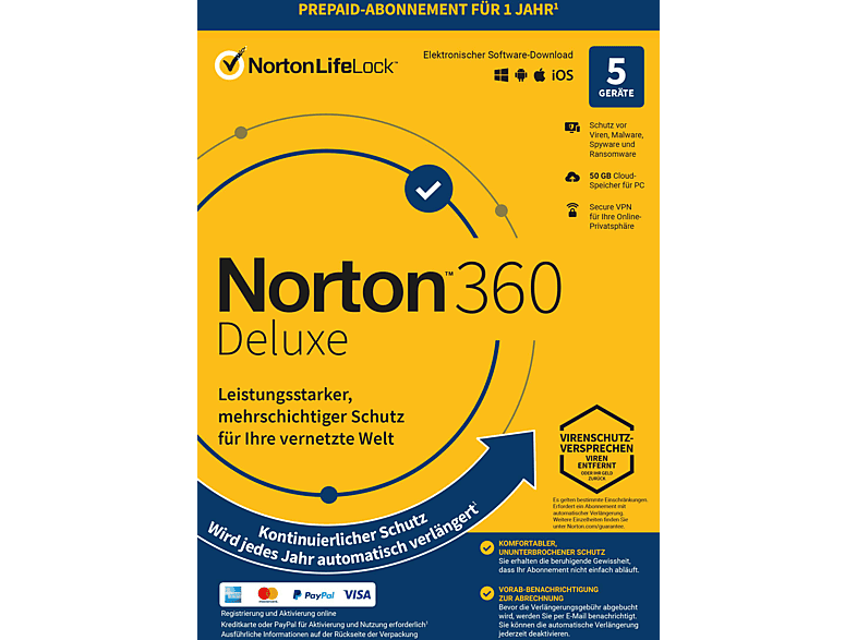 Norton 360 Deluxe - 1 Benutzer 5 Geräte Jahres Abo 50GB Cloud-Speicher (PC, iOS, MAC, Android) von NORTON LIFELOCK