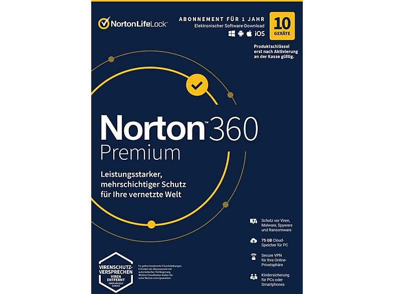 Norton 360 Premium - 1 Benutzer 10 Geräte Jahr 75GB Cloud-Speicher (PC, iOS, MAC, Android) von NORTON LIFELOCK