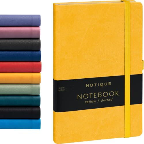 NOTIQUE Notizbuch Dotted, Hardcover Notizbuch, Notizheft, Journal, Tagebuch mit Gummiband und Stifthalter 13x21cm, 192 Seiten (Gelb, Gepunktet) von NOTIQUE