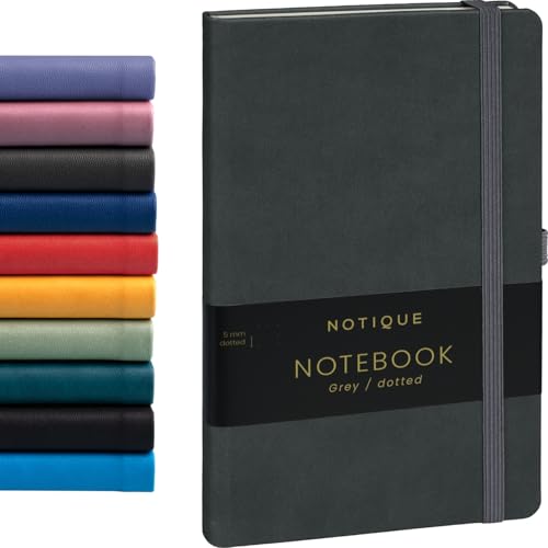 NOTIQUE Notizbuch Dotted, Hardcover Notizbuch, Notizheft, Journal, Tagebuch mit Gummiband und Stifthalter 13x21cm, 192 Seiten (Grau, Gepunktet) von NOTIQUE