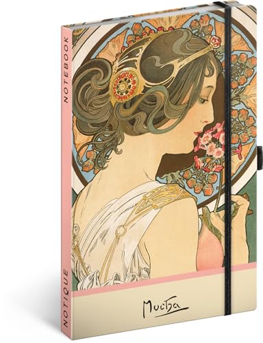 NOTIQUE Notizbuch Gepunktet mit Gummiband 13x21cm ca. A5, Designer Hardcover Notebook Dotted, Notizblock, Notizheft, Journal, Tagebuch für Erwachsene, Damen (Alphonse Mucha Schlüsselblume) von NOTIQUE