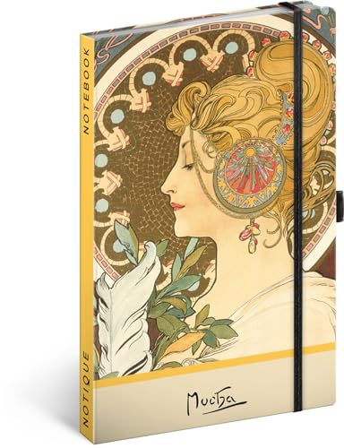 NOTIQUE Notizbuch Gepunktet mit Gummiband 13x21cm ca. A5, Designer Hardcover Notebook Dotted, Notizblock, Notizheft, Journal, Tagebuch für Erwachsene, Damen (Alphonse Mucha Stift) von NOTIQUE