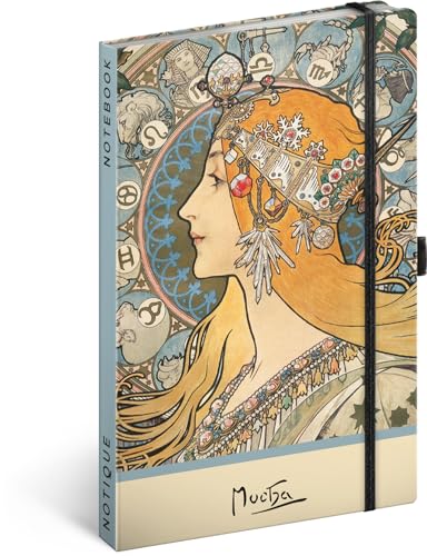 NOTIQUE Notizbuch Gepunktet mit Gummiband 13x21cm ca. A5, Designer Hardcover Notebook Dotted, Notizblock, Notizheft, Journal, Tagebuch für Erwachsene, Damen (Alphonse Mucha Zodiak) von NOTIQUE