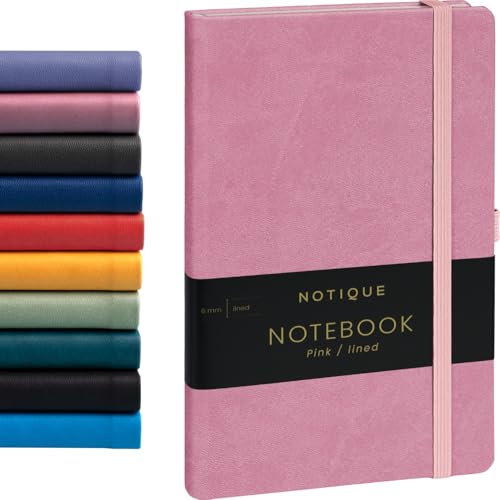 NOTIQUE Notizbuch Liniert, Hardcover Notizbuch, Notizheft, Journal, Tagebuch mit Gummiband und Stifthalter 13x21cm, 192 Seiten (Rosa, Liniert) von NOTIQUE