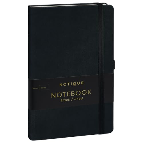 NOTIQUE Notizbuch Liniert, Hardcover Notizbuch, Notizheft, Journal, Tagebuch mit Gummiband und Stifthalter 13x21cm, 192 Seiten (Schwarz, Liniert) von NOTIQUE