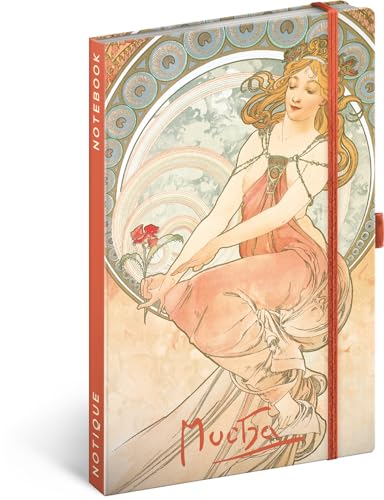 NOTIQUE Notizbuch Liniert mit Gummiband 13x21cm ca. A5, Designer Hardcover Notebook, Notizblock, Notizheft, Journal, Tagebuch für Erwachsene, Damen (Alphonse Mucha Malerei) von NOTIQUE